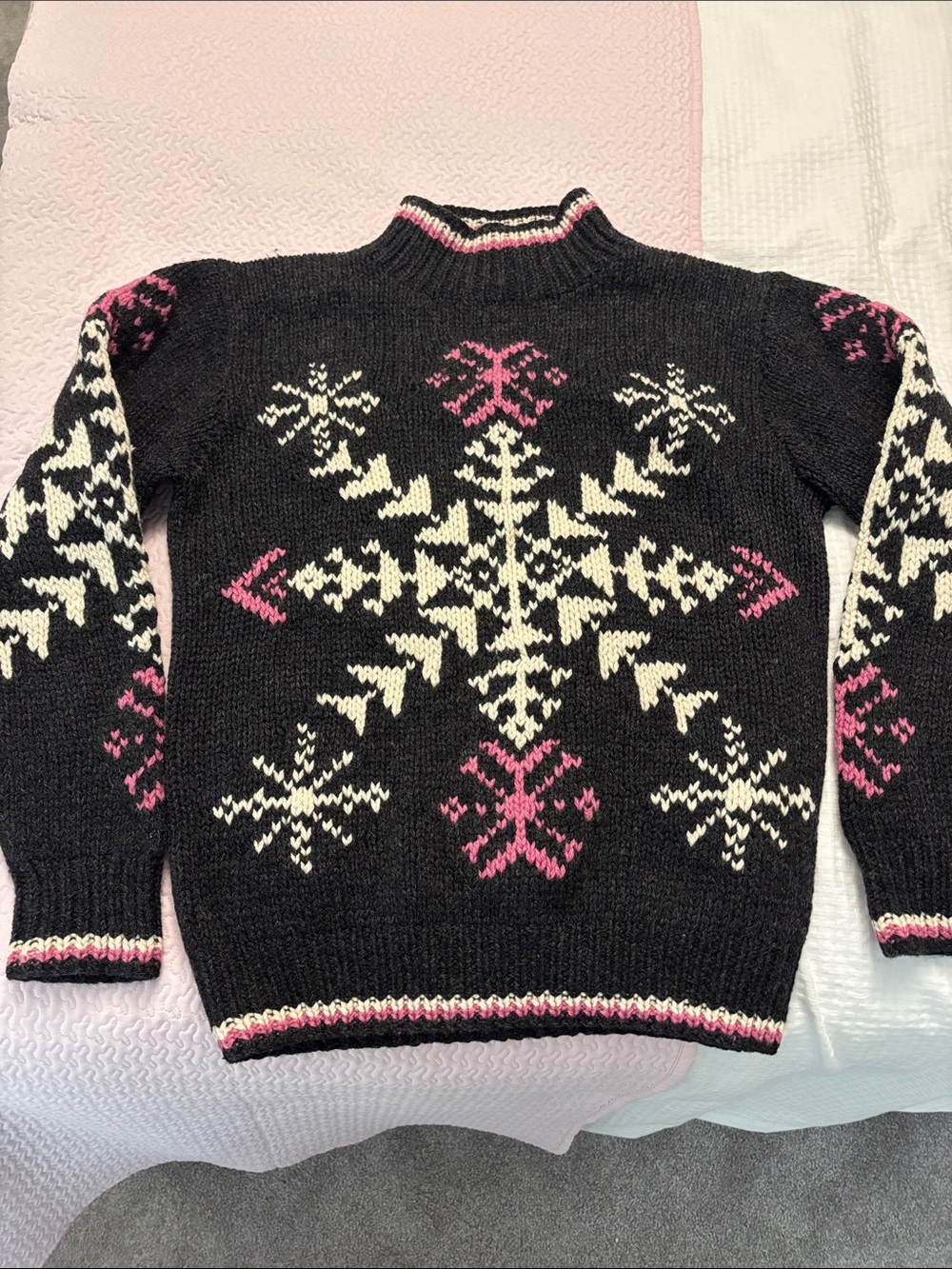 Vintage Woolrich Black Knit Sweater with Pink & Cream Snowflake Motif